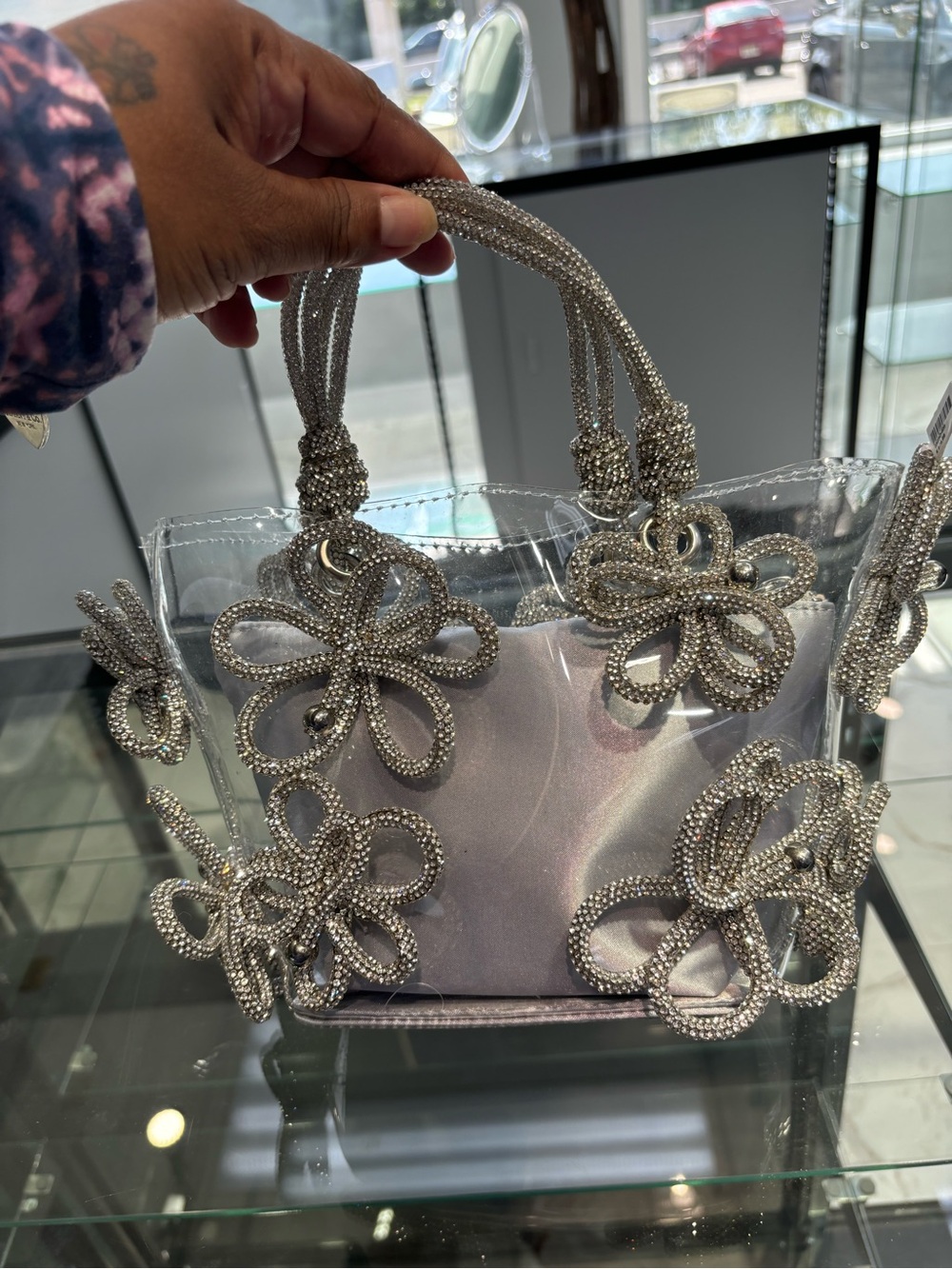Beaded Floral Clear Mini Tote - Silver